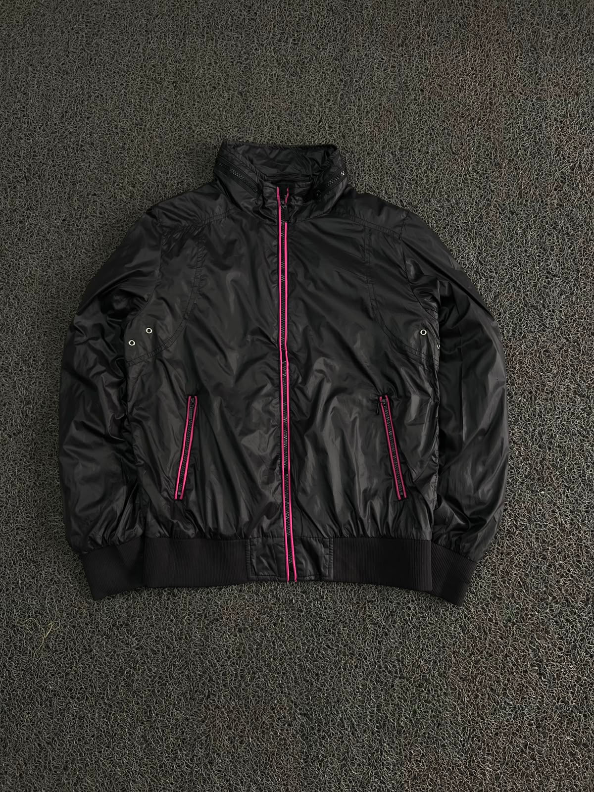 Black Lightweight Windbreaker Jacket with Pink Contrast Zippers