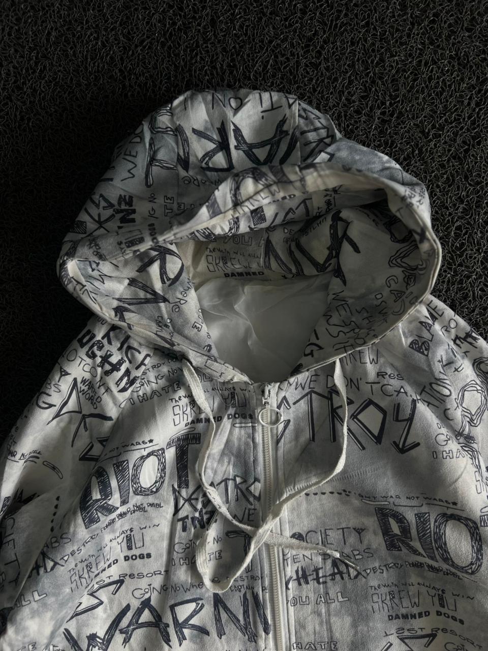 Men's White Graphic Print Hooded Windbreaker Jacket – Full Zip Lightweight Streetwear Coat