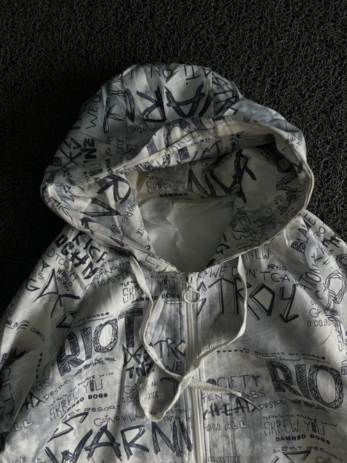 Men's White Graphic Print Hooded Windbreaker Jacket – Full Zip Lightweight Streetwear Coat
