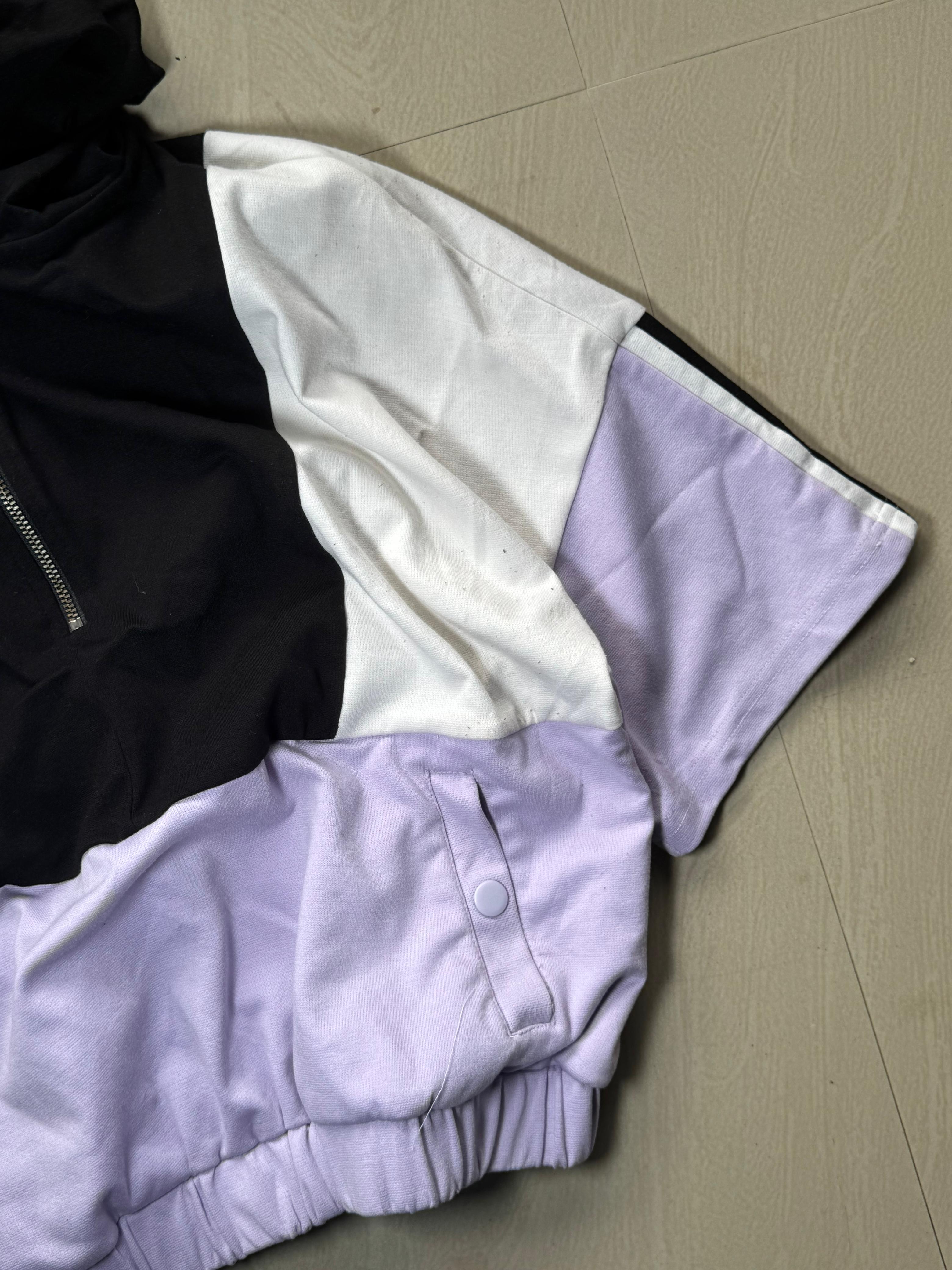 Color Block Cropped Hoodie – Half Zip Short Sleeve with Hood & Front Pockets