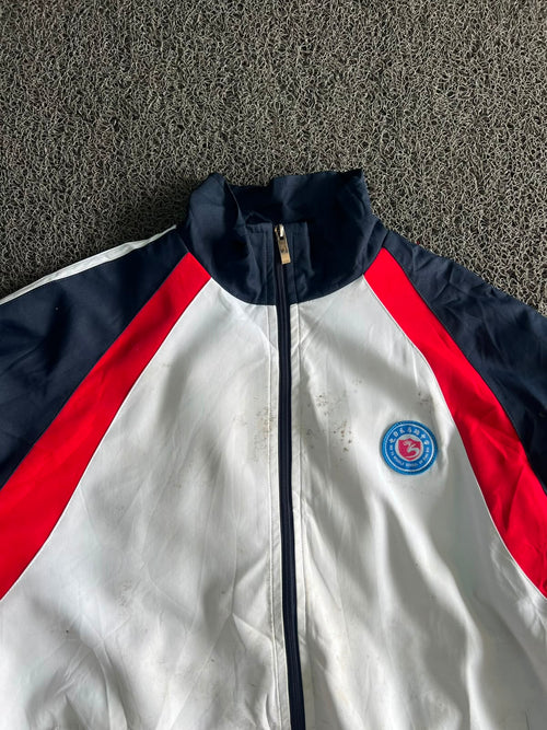 Vintage Colorblock Track Jacket – White/Navy/Red Zip-Up Sports Jacket ⚠️ Stains On Both The Front And Back