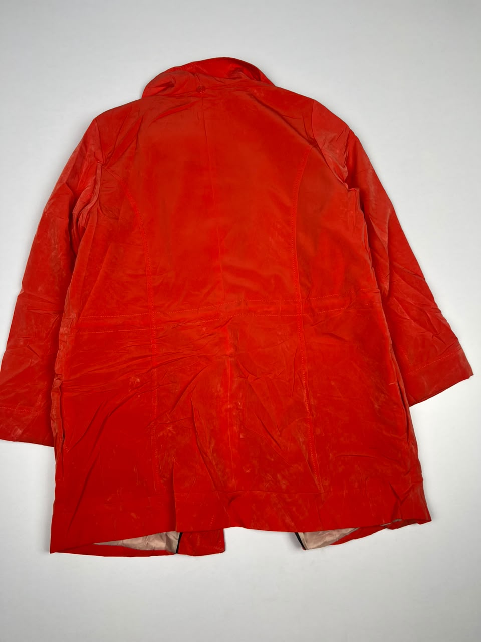 Red Long Hooded Winter Jacket with Front Zip and Button Closure