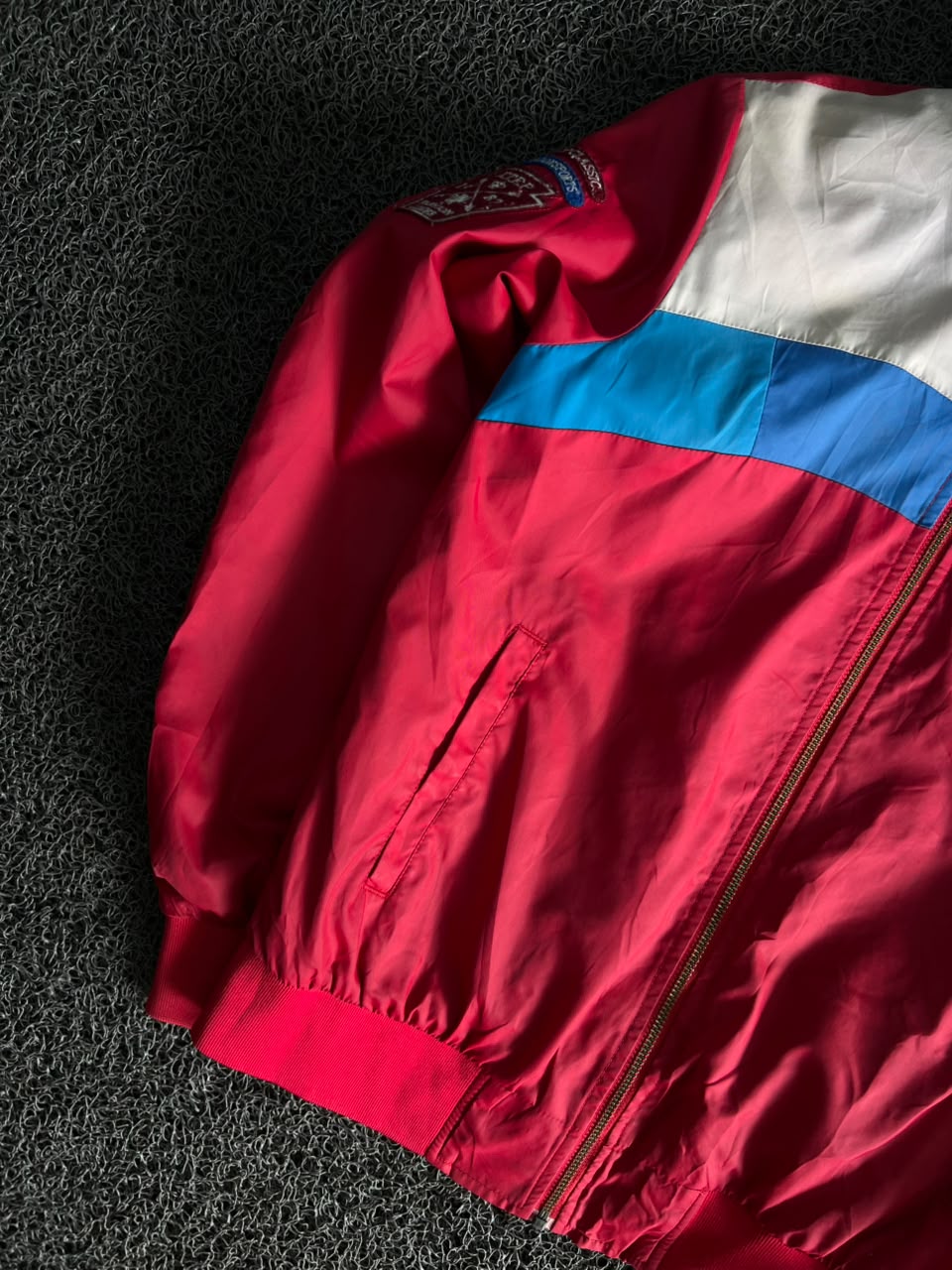Red Colorblock Zip-Up Bomber Jacket with Embroidered Crest