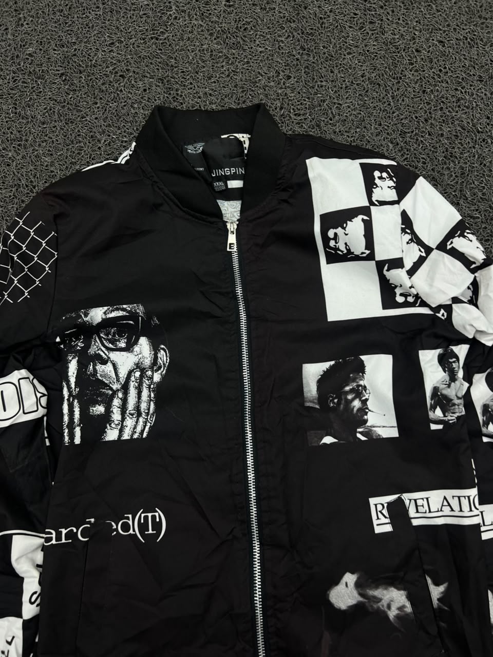 Black & White Graphic Print Zip-Up Bomber Jacket – Streetwear Casual Jacket