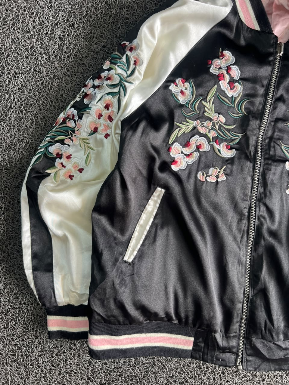 Reversible Floral Embroidered Satin Bomber Jacket – Black & Pink