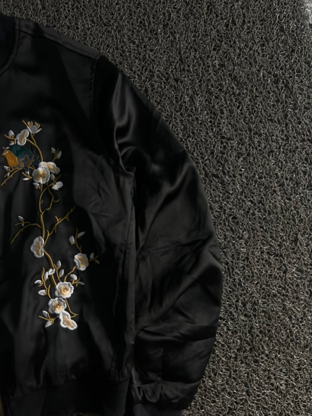 Black Satin Embroidered Floral & Bird Bomber Jacket