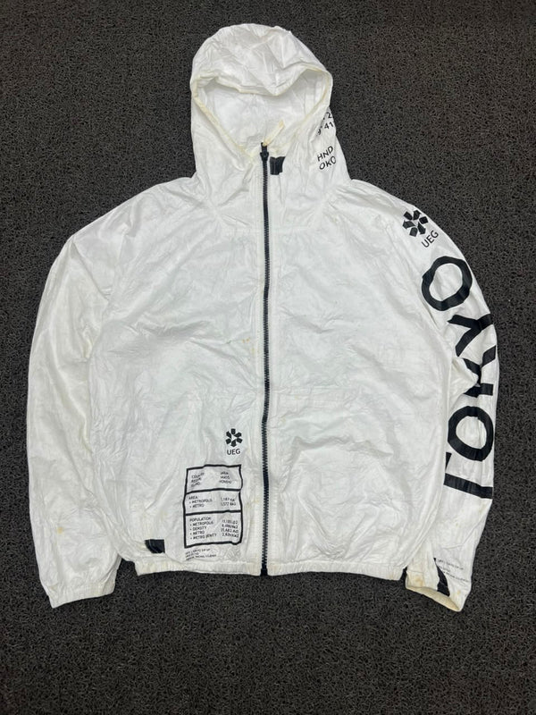 UEG White Graphic Hooded Windbreaker Jacket – Lightweight Full Zip Streetwear ⚠️ Small Stain and Damage