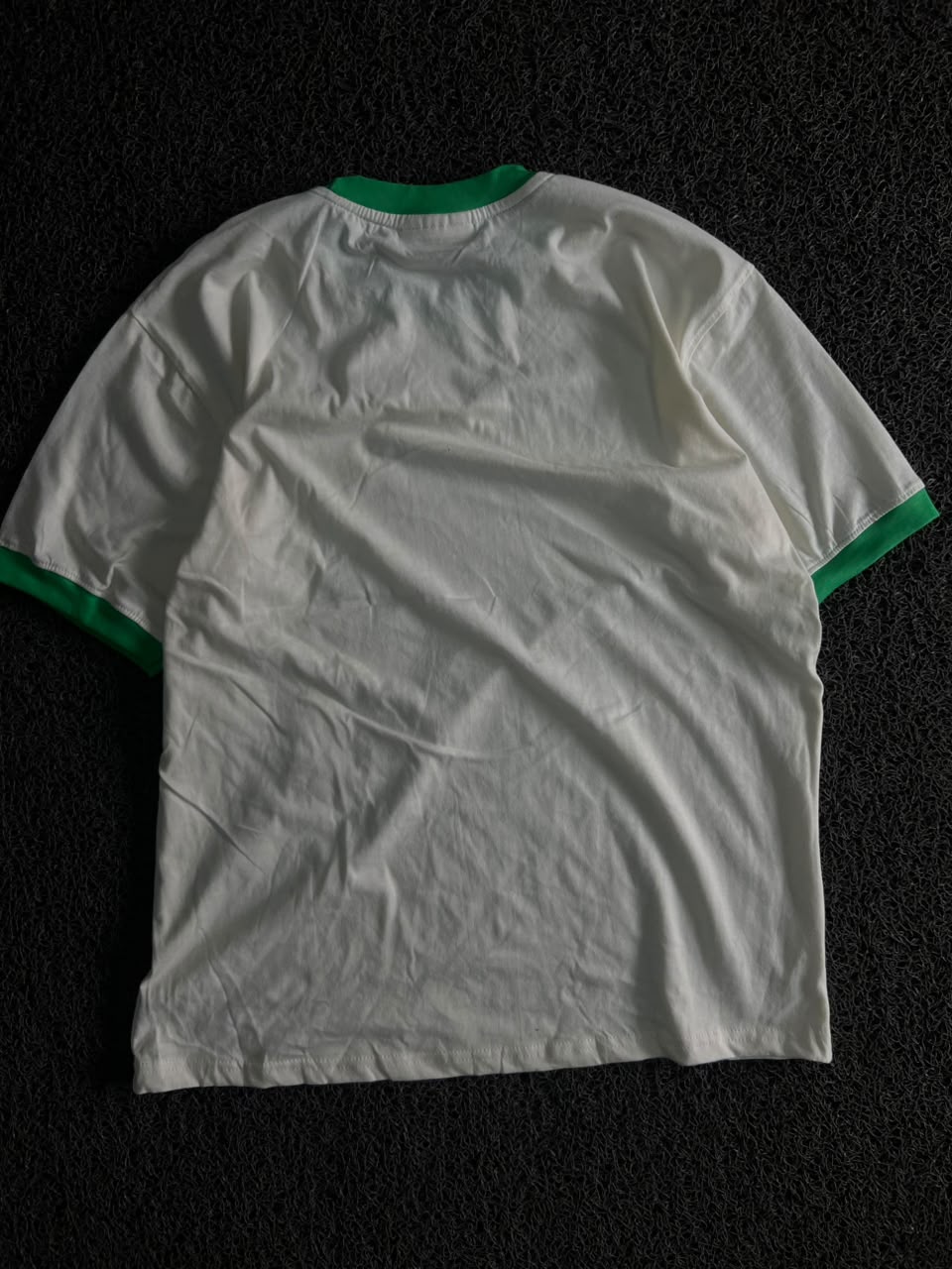 Off White T-Shirt with Green Contrast Collar & Sleeve Trim