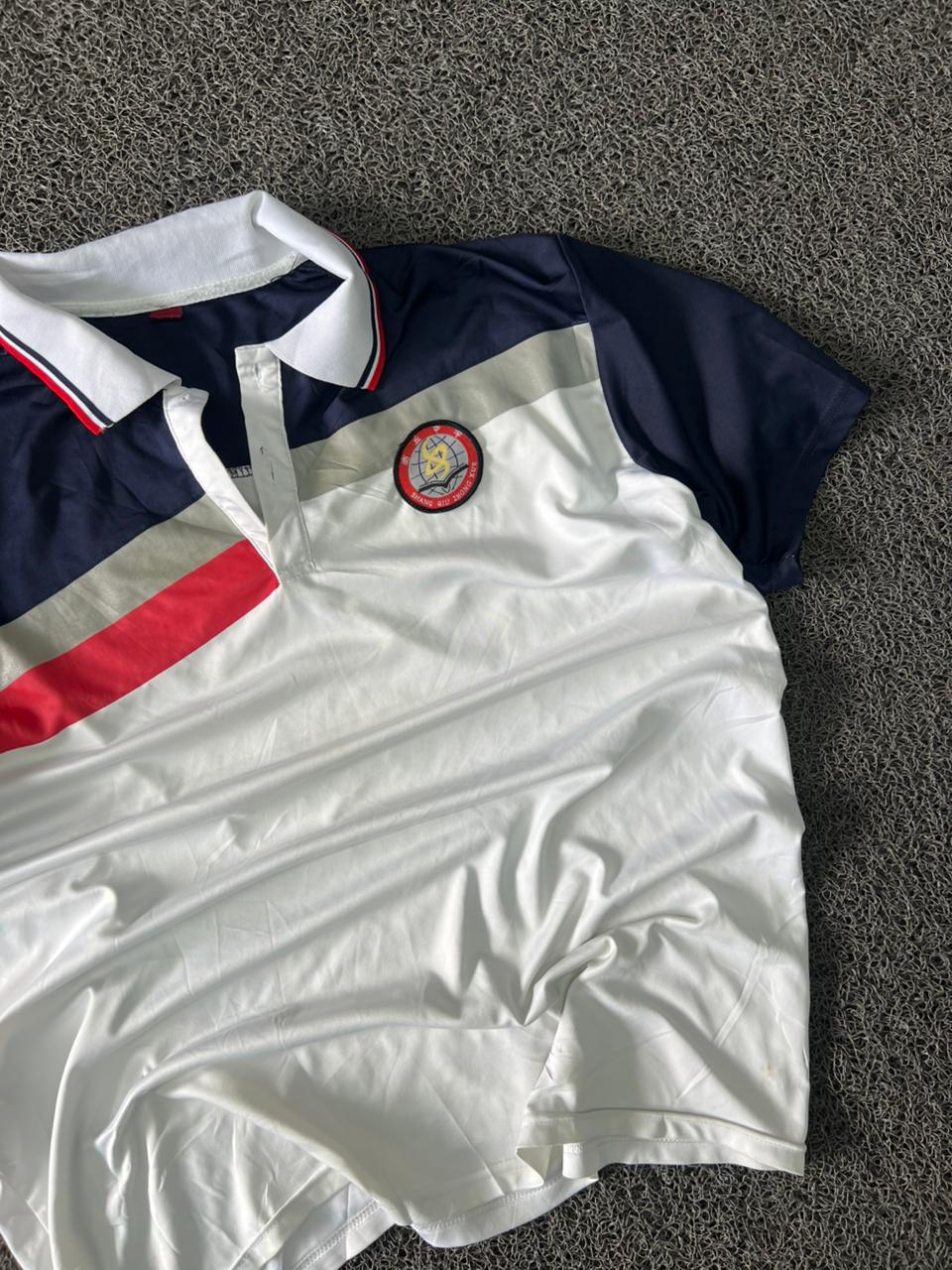 Men's White & Navy Colorblock Polo T-Shirt with Red Stripe & Chest Badge