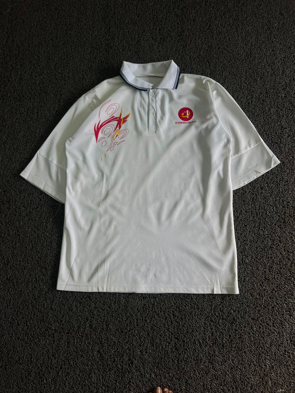 White Graphic Polo Shirt with Contrast Collar ⚠️ Small Stains and pen marks