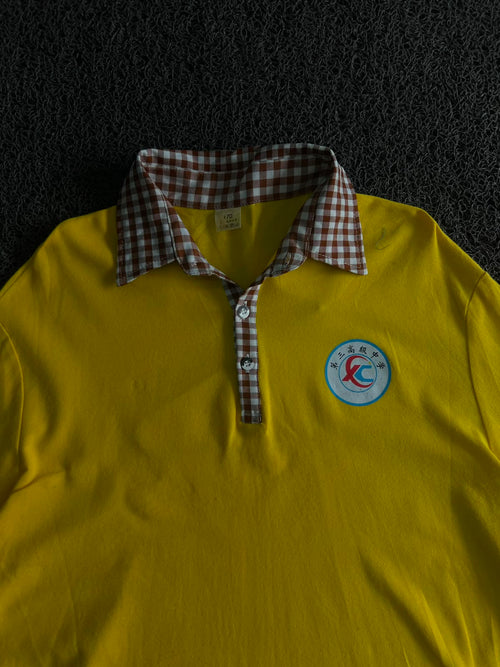 Vintage Yellow Polo T-Shirt with Check Collar | Retro Korean Style