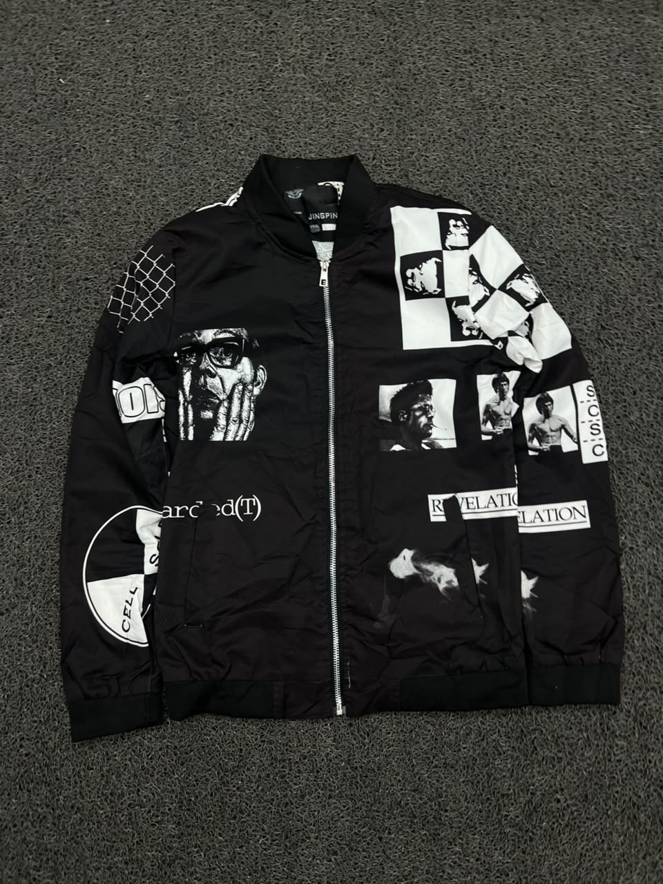 Black & White Graphic Print Zip-Up Bomber Jacket – Streetwear Casual Jacket