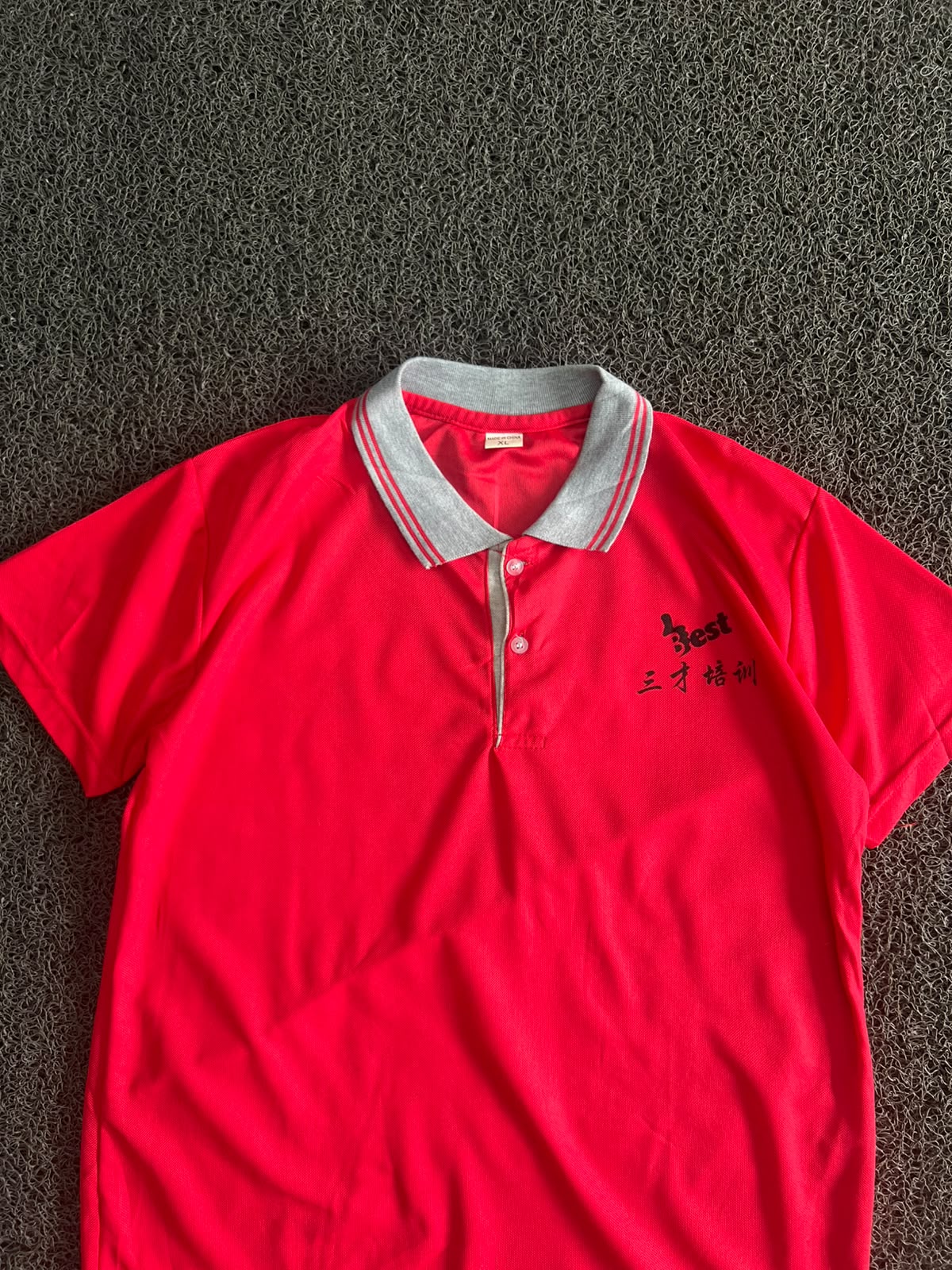 Vintage Red Graphic Polo T-Shirt – Grey Collar & Back Print