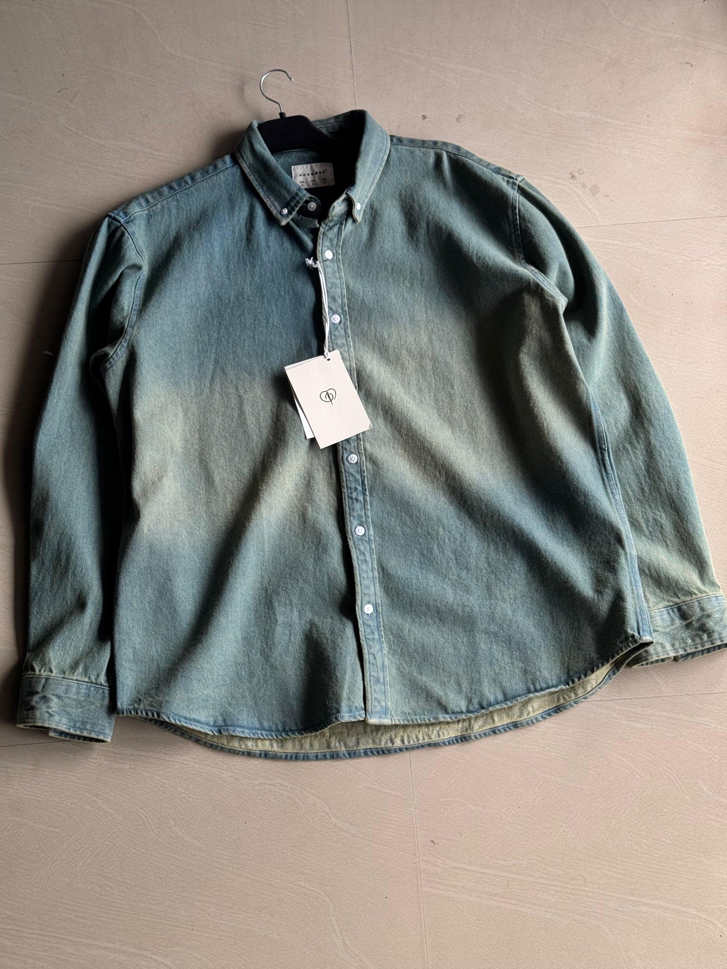 Vintage Wash Sage Denim Button-Down Shirt