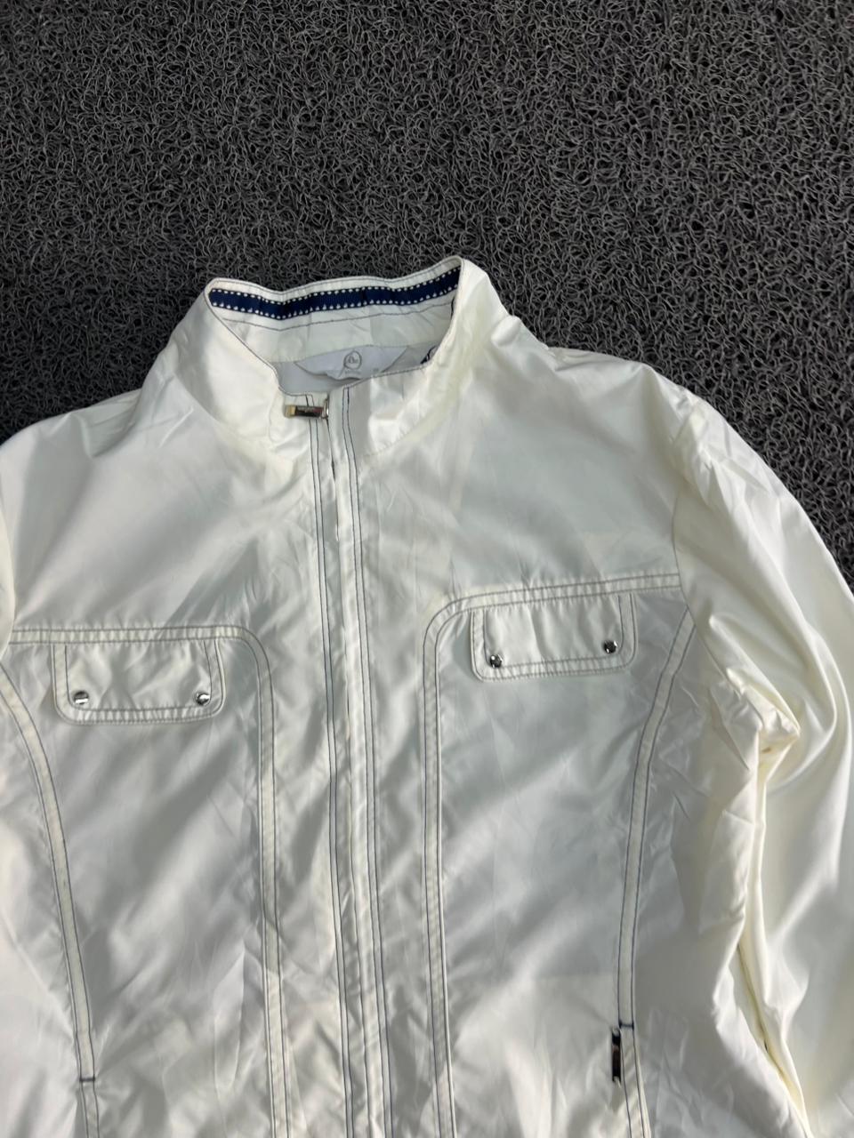 White Lightweight Zip-Up Jacket with Navy Stripe Hem Detail