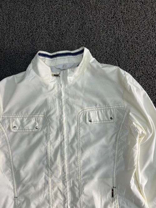 White Lightweight Zip-Up Jacket with Navy Stripe Hem Detail