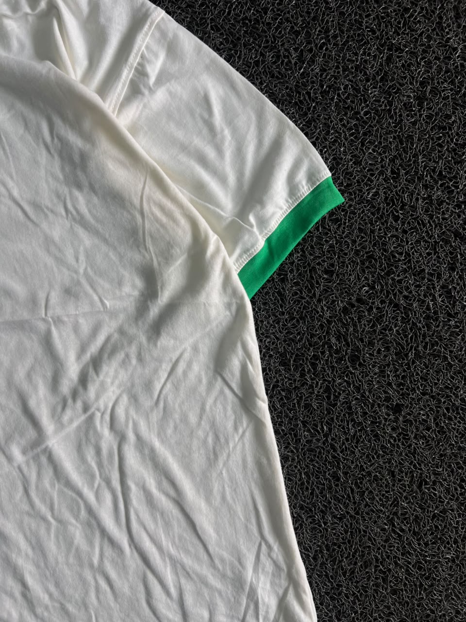 Off White T-Shirt with Green Contrast Collar & Sleeve Trim