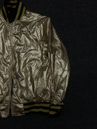 Metallic Gold Bomber Jacket with Black & Gold Striped Ribbed Details ⚠️ No Zip