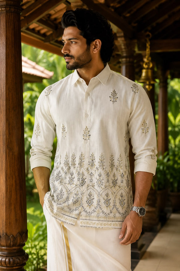 Qlood Cream Printed Button-Down Casual Shirt – Full Sleeve