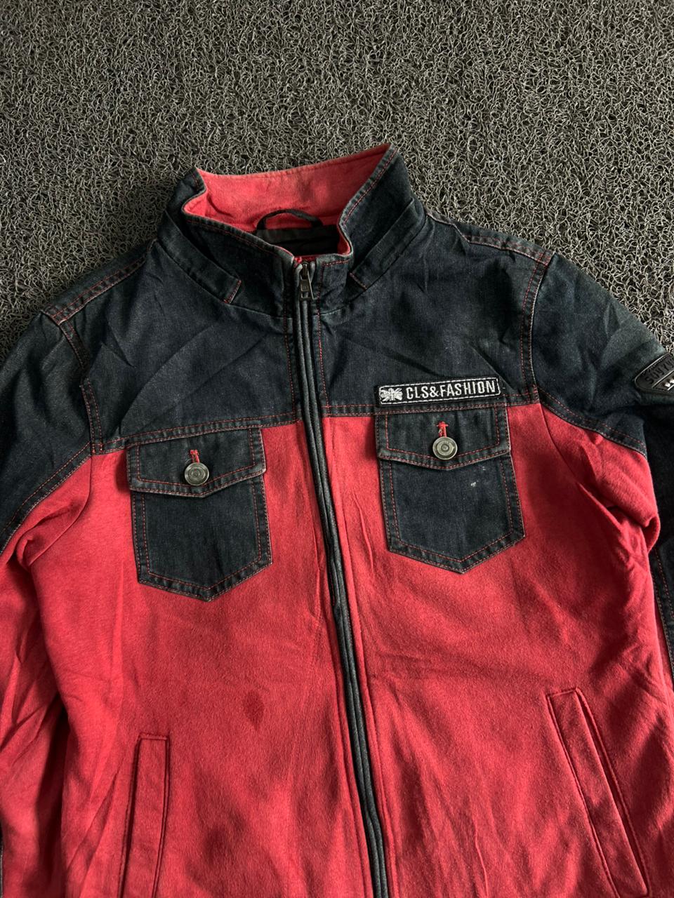 CLS & Fashion Men's Red & Black Denim Style Zip-Up Jacket with Stand Collar