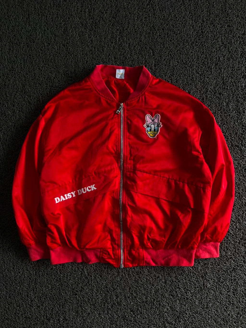 Daisy Duck Embroidered Bomber Jacket – Red Zip-Up Cartoon Jacket