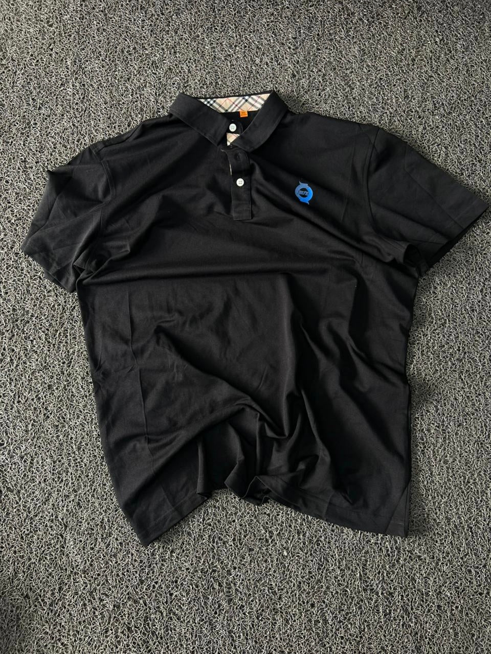 Black Classic Polo T-Shirt with Blue Logo Embroidery