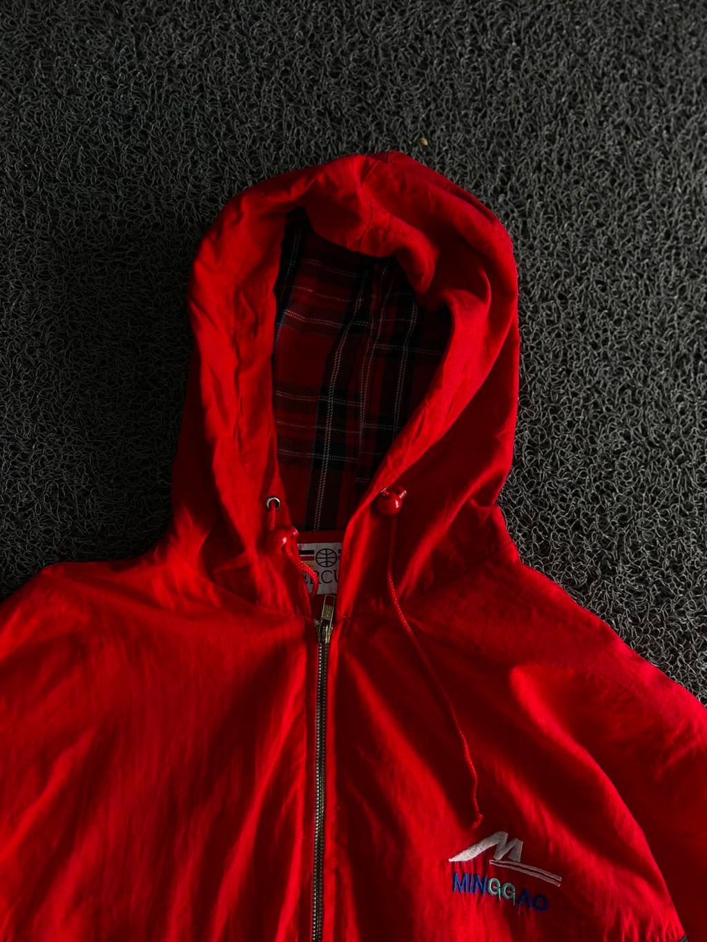 Mercury Red Hooded Windbreaker Jacket – Full Zip Plaid Lined