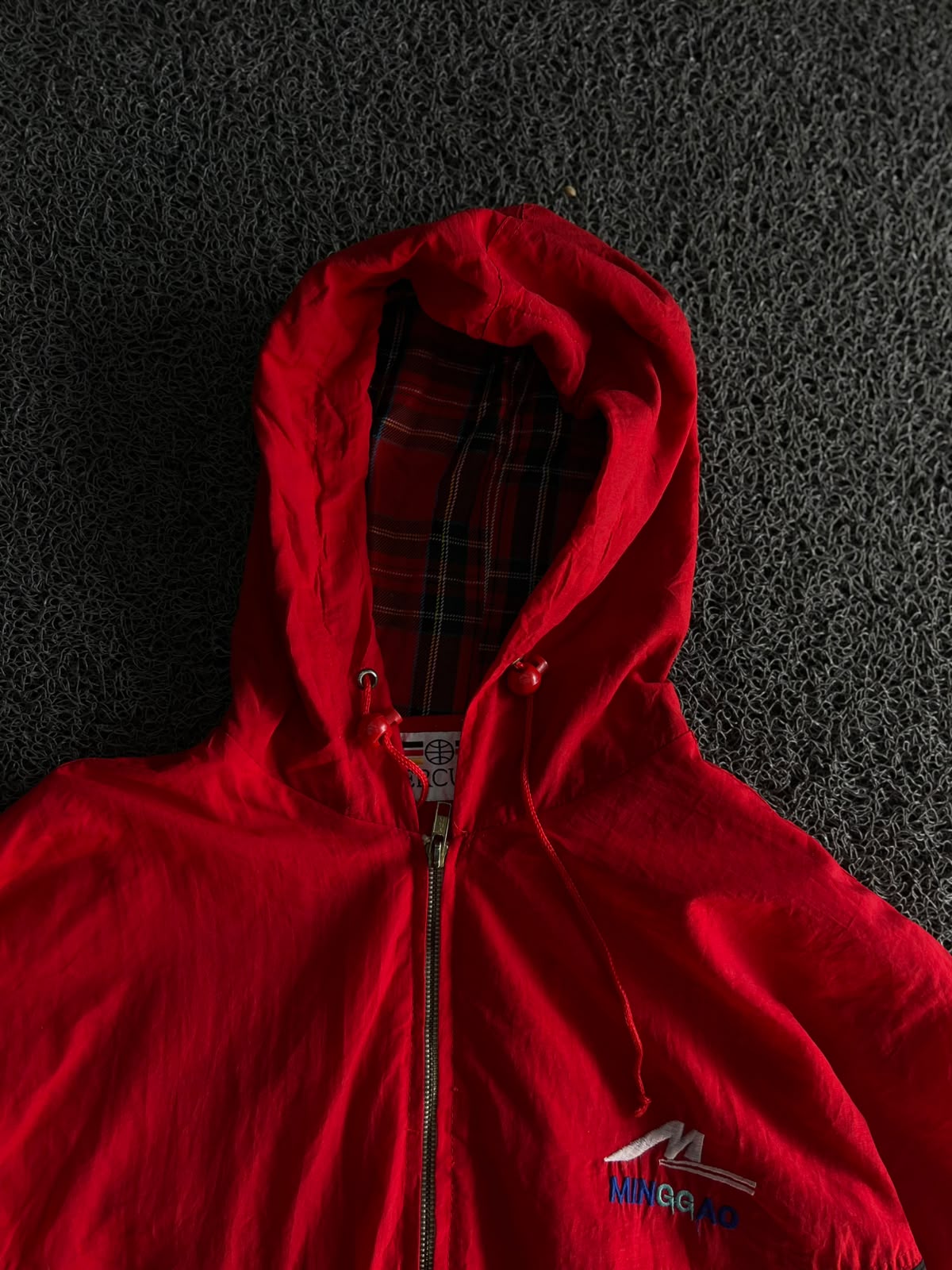 Mercury Red Hooded Windbreaker Jacket – Full Zip Plaid Lined