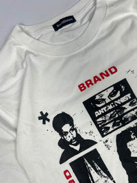 Graphic T-Shirt with Black Portrait Prints and Red Brand Text – Streetwear Style