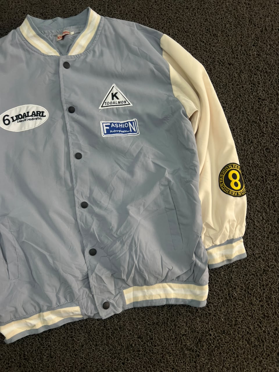 Varsity Bomber Jacket with Embroidered Patches – Snap Button Casual Jacket