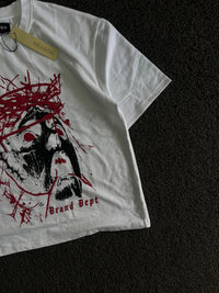 White Graphic Print Oversized T-Shirt with Gothic Face Design