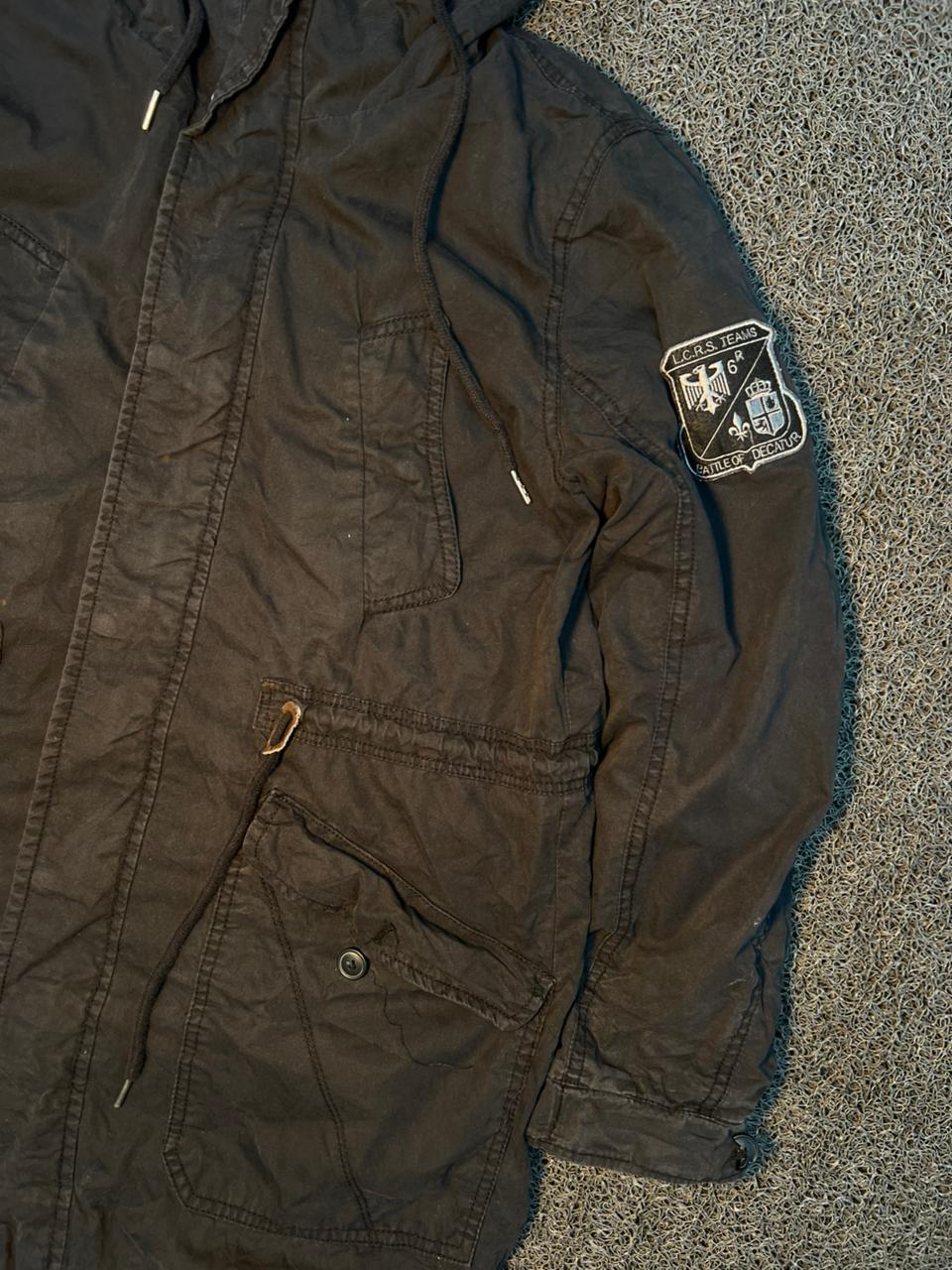 Vintage Black Hooded Military Parka Jacket with Utility Pockets & Sleeve Patch
