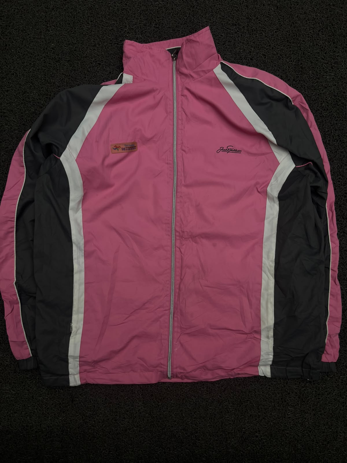 Pink & Black Retro Colorblock Track Jacket with White Panels & Zip Front