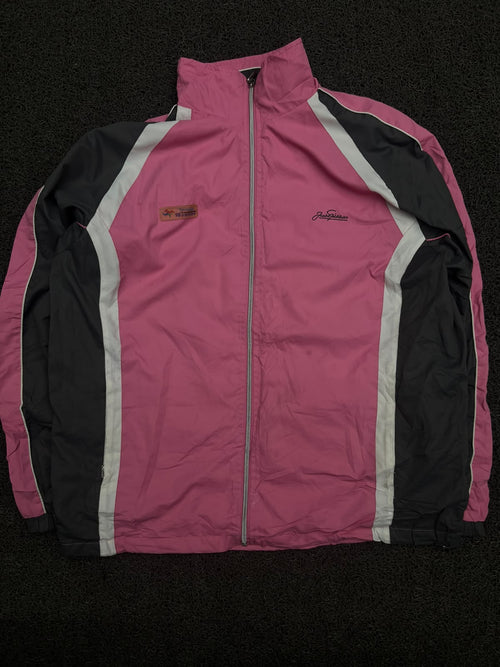 Pink & Black Retro Colorblock Track Jacket with White Panels & Zip Front