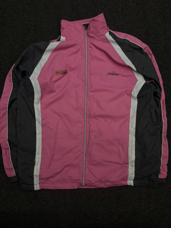 Pink & Black Retro Colorblock Track Jacket with White Panels & Zip Front