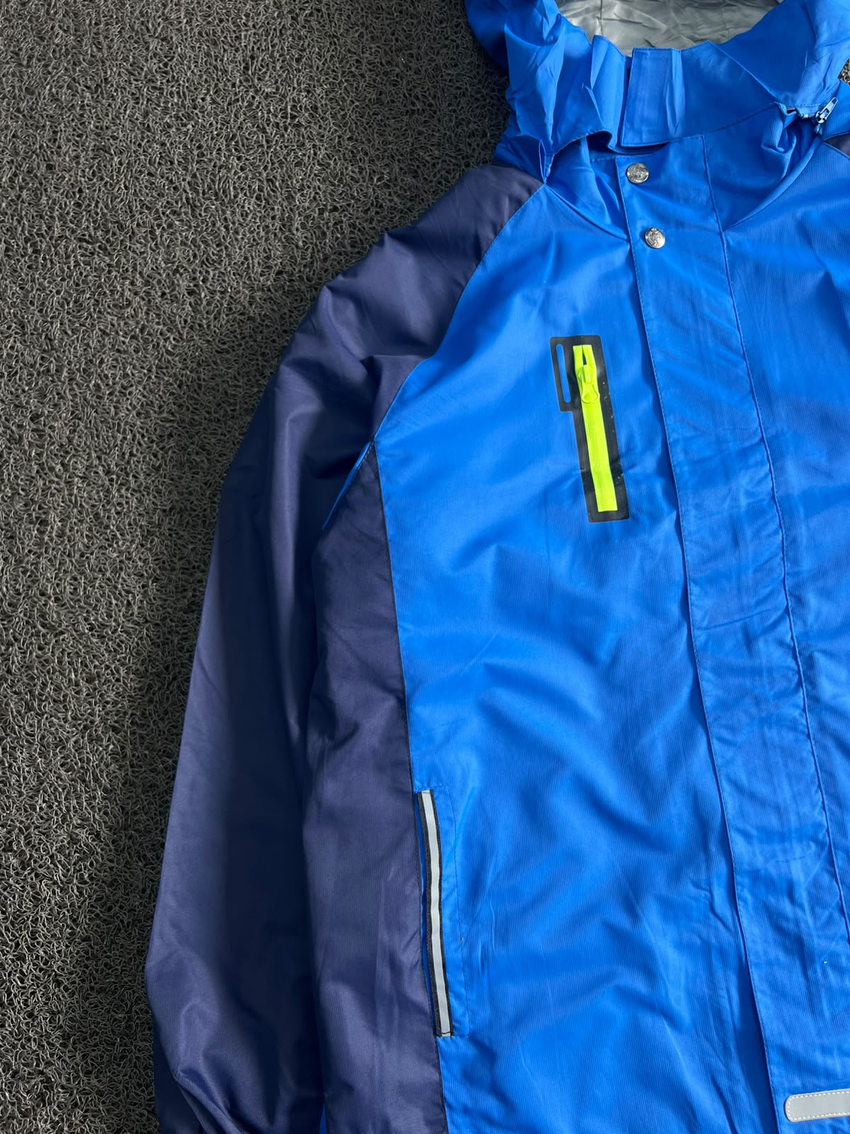 Blue Hooded Waterproof Rain Jacket with Reflective Details