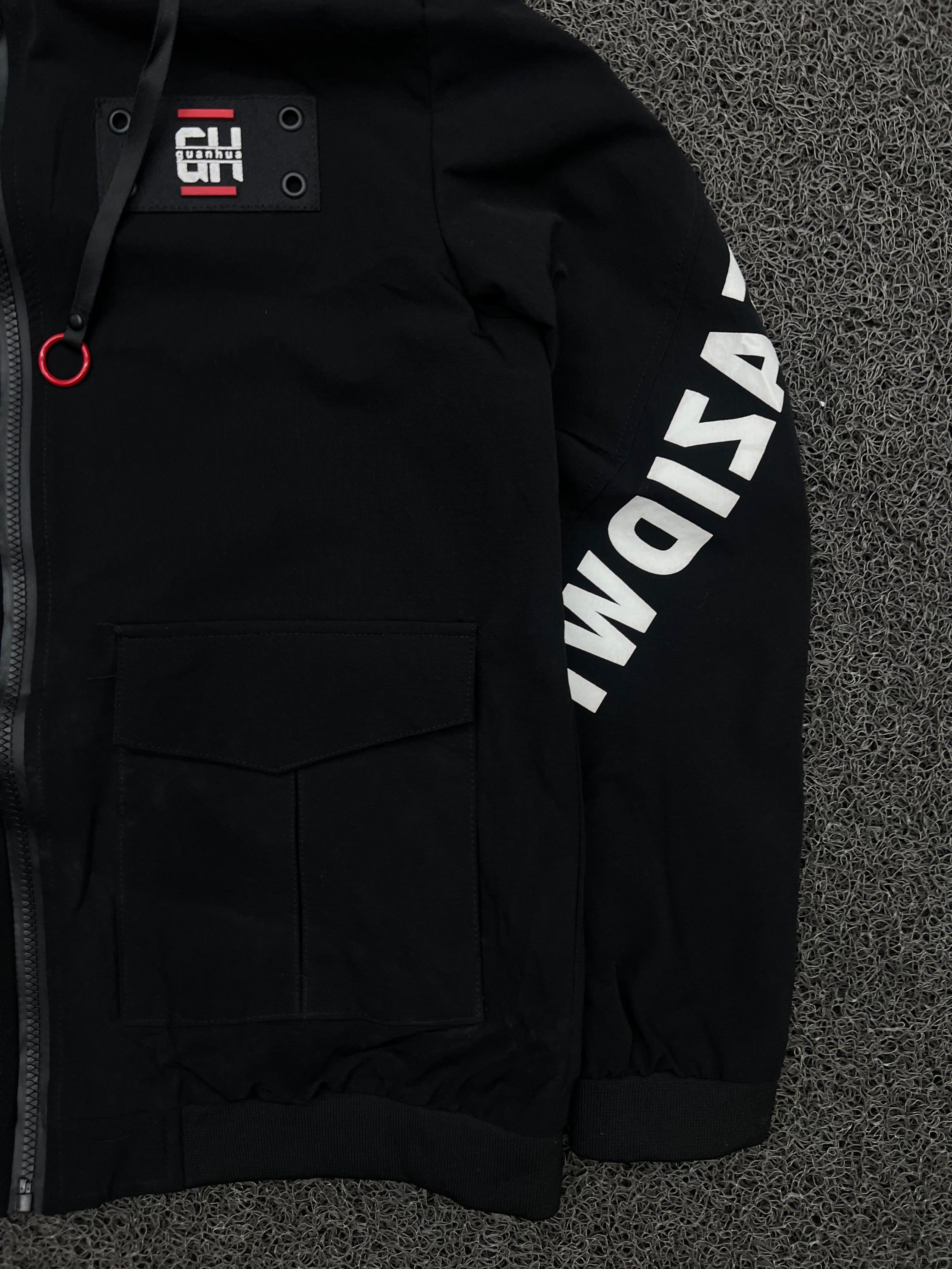 Black & Red Hooded Utility Zip Jacket – Streetwear Graphic Sleeve Windbreaker
