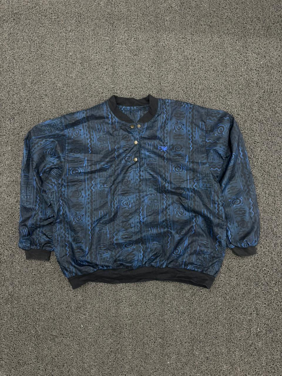 Retro Blue & Black Tribal Print Snap-Neck Lightweight Jacket