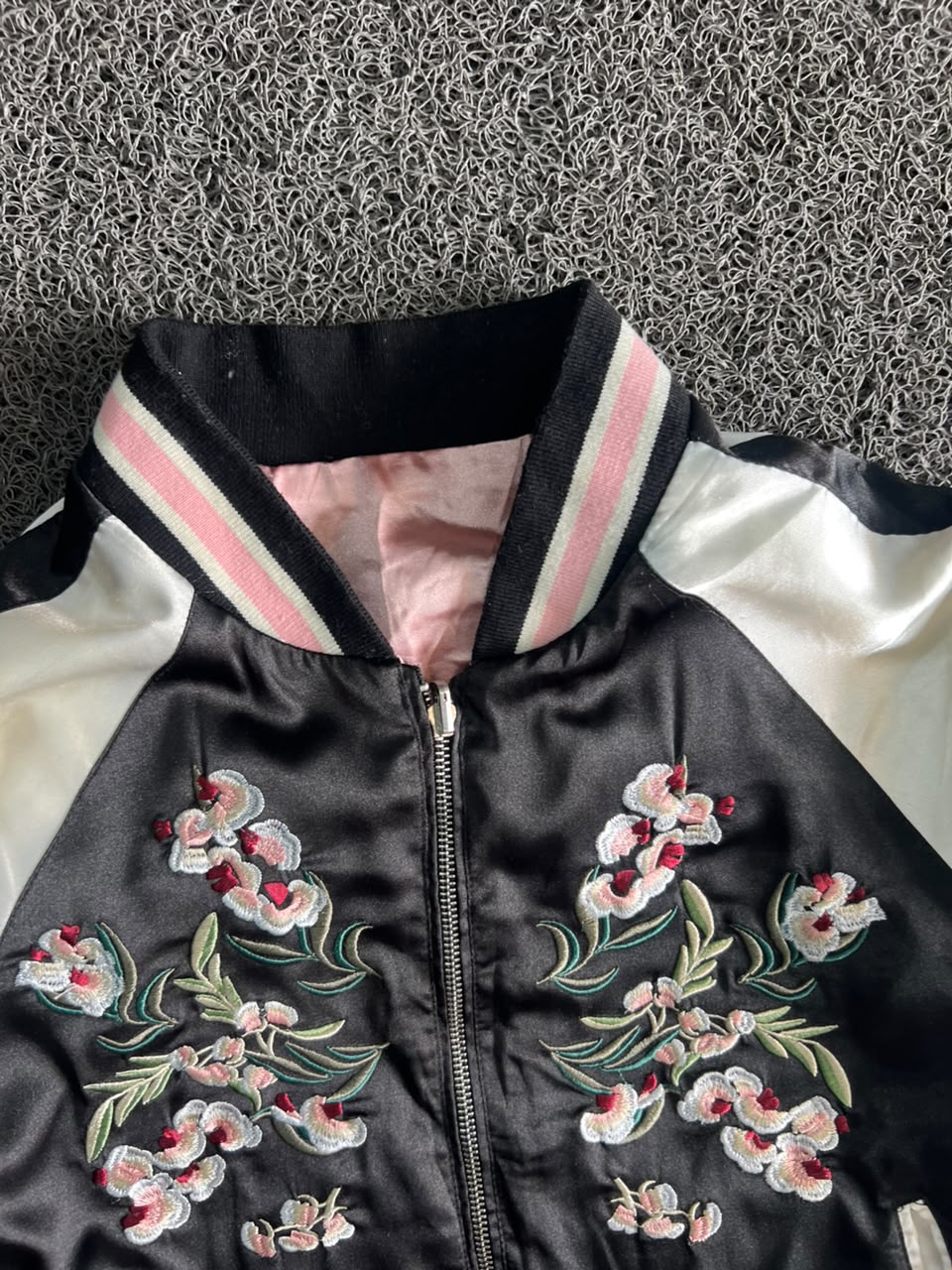 Reversible Floral Embroidered Satin Bomber Jacket – Black & Pink