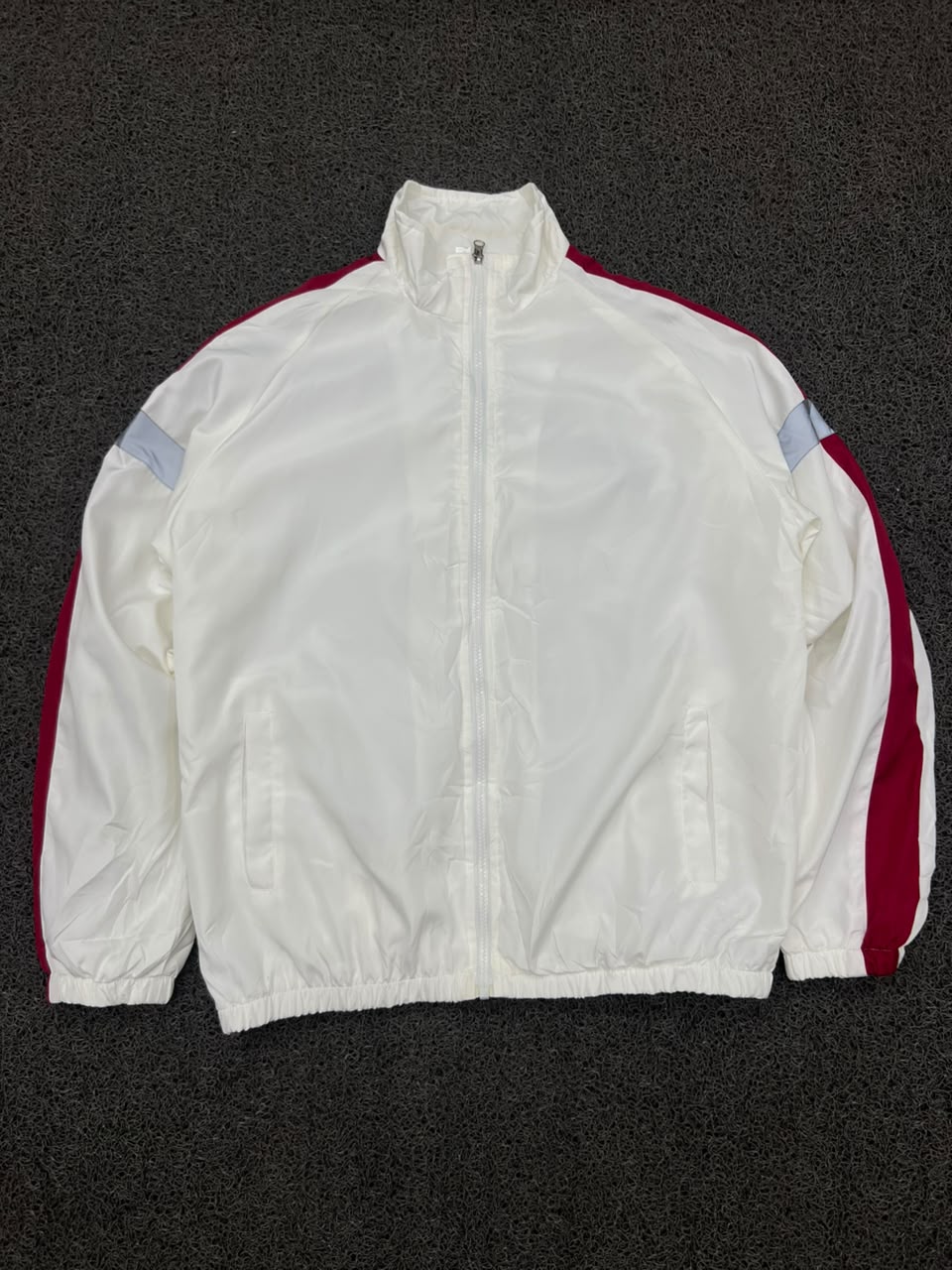 Vintage White Track Jacket with Red Sleeve Stripes