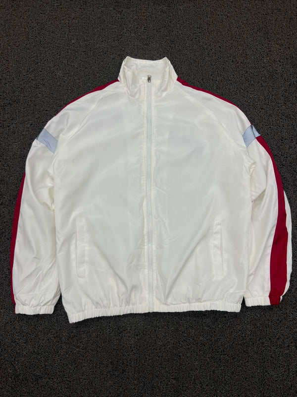 Vintage White Track Jacket with Red Sleeve Stripes