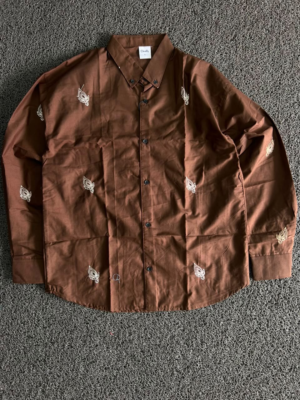 Chally Brown Leaf Embroidery Button-Down Shirt