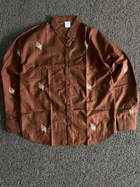 Chally Brown Leaf Embroidery Button-Down Shirt