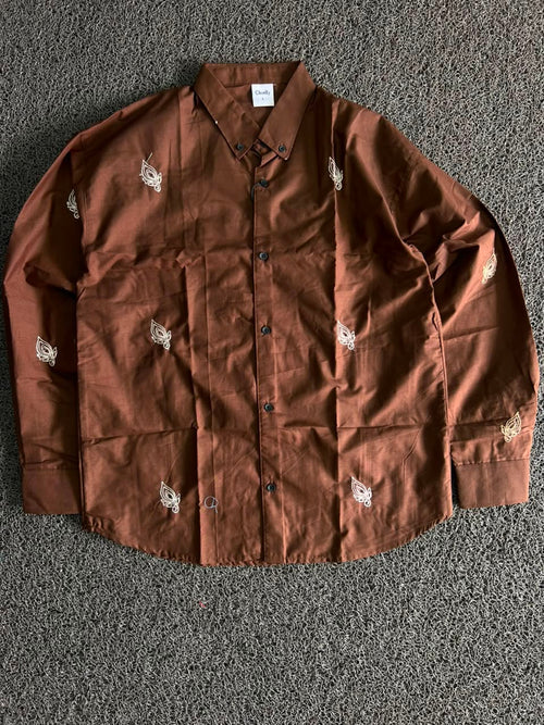 Chally Brown Leaf Embroidery Button-Down Shirt