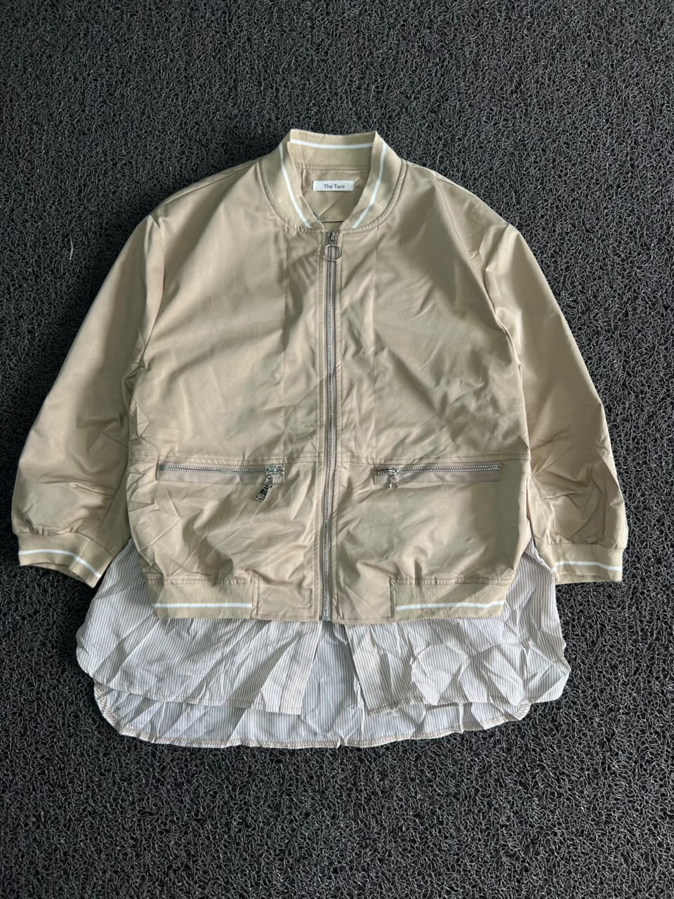 Oversized Beige Bomber with Striped Shirt Hem