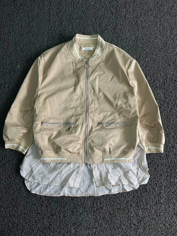 Oversized Beige Bomber with Striped Shirt Hem