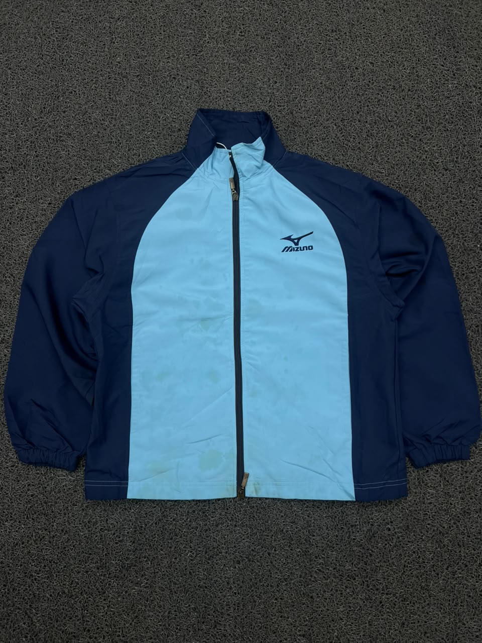 Mizuno Light Blue & Navy Full-Zip Sports Windbreaker Jacket ⚠️ Small Stain