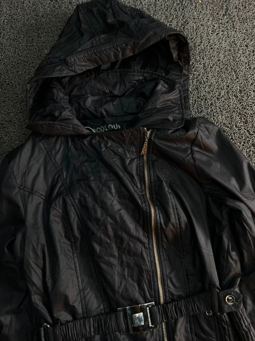 Black Hooded Belted Jacket ⚠️ Small Scratch  – Zip Front Casual Outerwear