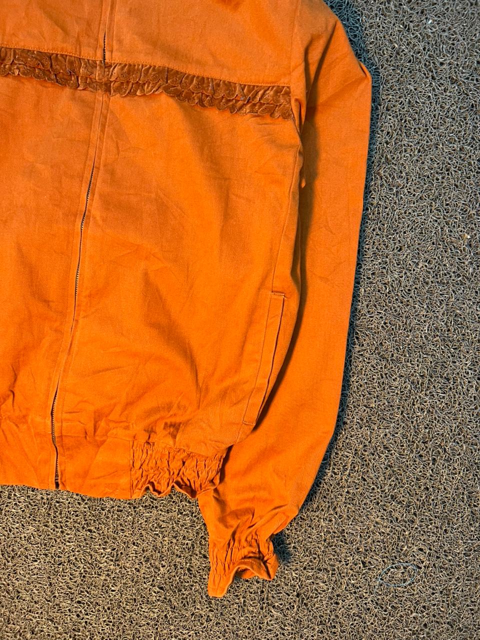 Orange High Neck Zip-Up Jacket with Frill Detail | Casual Lightweight Bomber