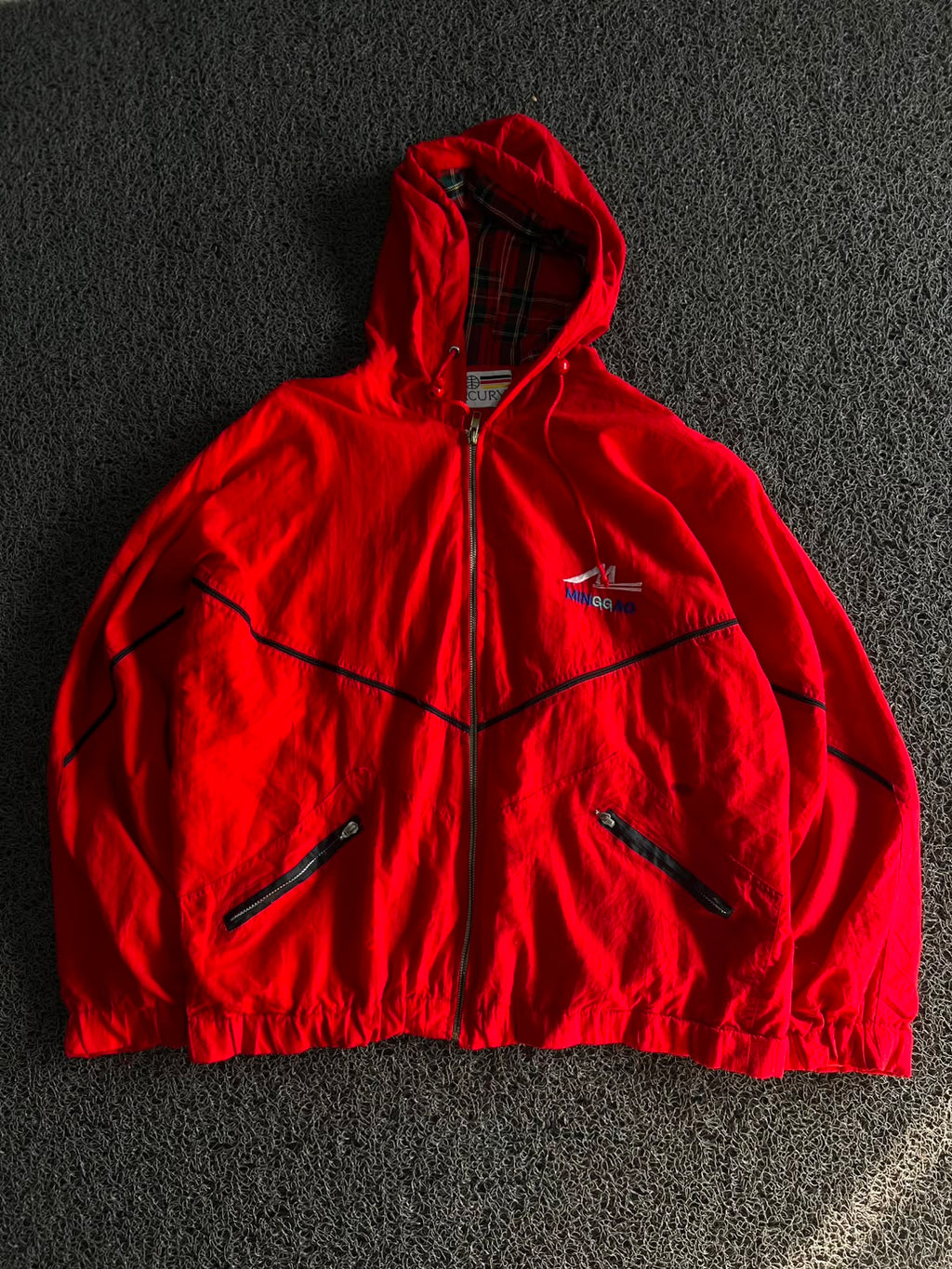Mercury Red Hooded Windbreaker Jacket – Full Zip Plaid Lined